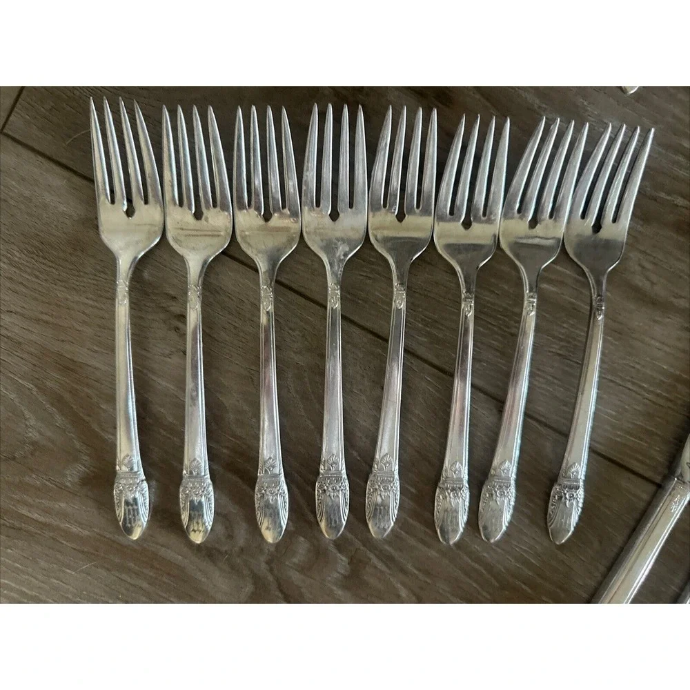 46 pc silverplate‎ flatware set by Rogers, First Love Pattern. Monogram M, srv 8